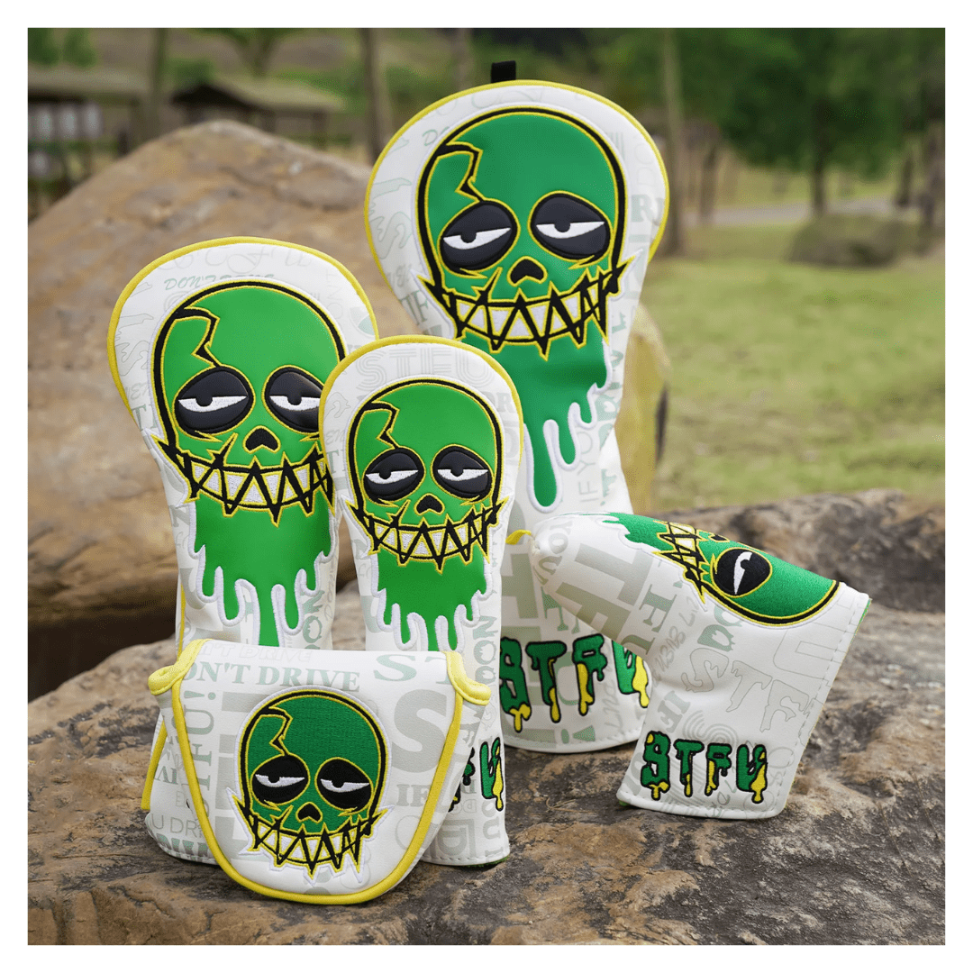 WHITE GREEN SKULL EMBROIDERED GOLF HEAD COVER SET WITH IRON SUCTION - Funky HeadcoversWHITE GREEN SKULL EMBROIDERED GOLF HEAD COVER SET WITH IRON SUCTIONFunky HeadcoversFunky Headcovers6010331DRIVERWHITE GREEN SKULL EMBROIDERED GOLF HEAD COVER SET WITH IRON SUCTION