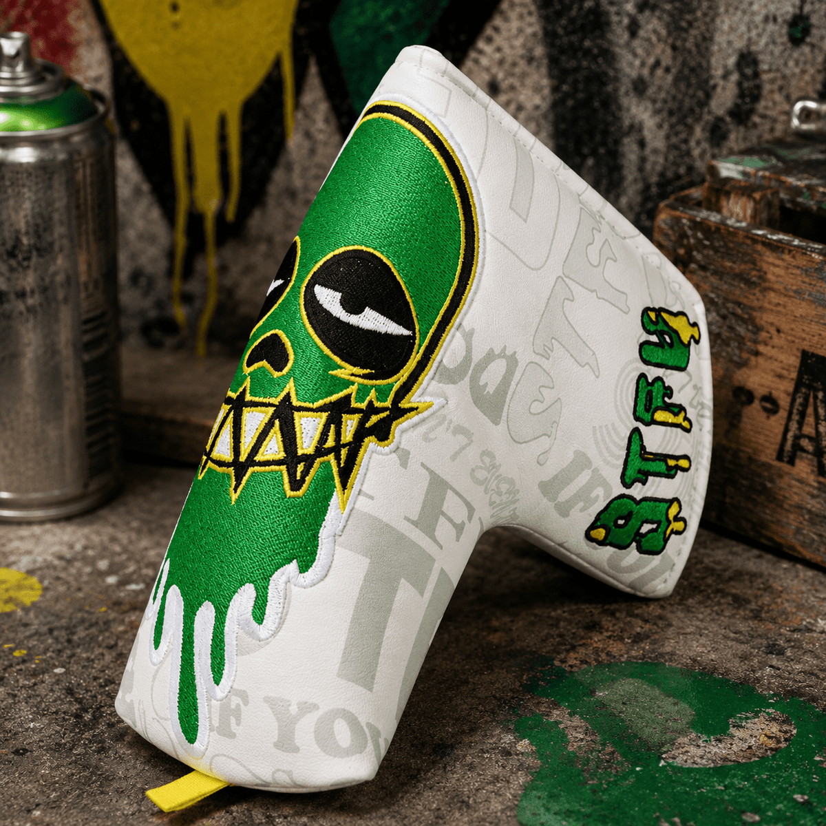 WHITE GREEN SKULL EMBROIDERED PUTTER GOLF HEAD COVER - Funky HeadcoversWHITE GREEN SKULL EMBROIDERED PUTTER GOLF HEAD COVERFunky HeadcoversFunky Headcovers6010833BLADEWHITE GREEN SKULL EMBROIDERED PUTTER GOLF HEAD COVER